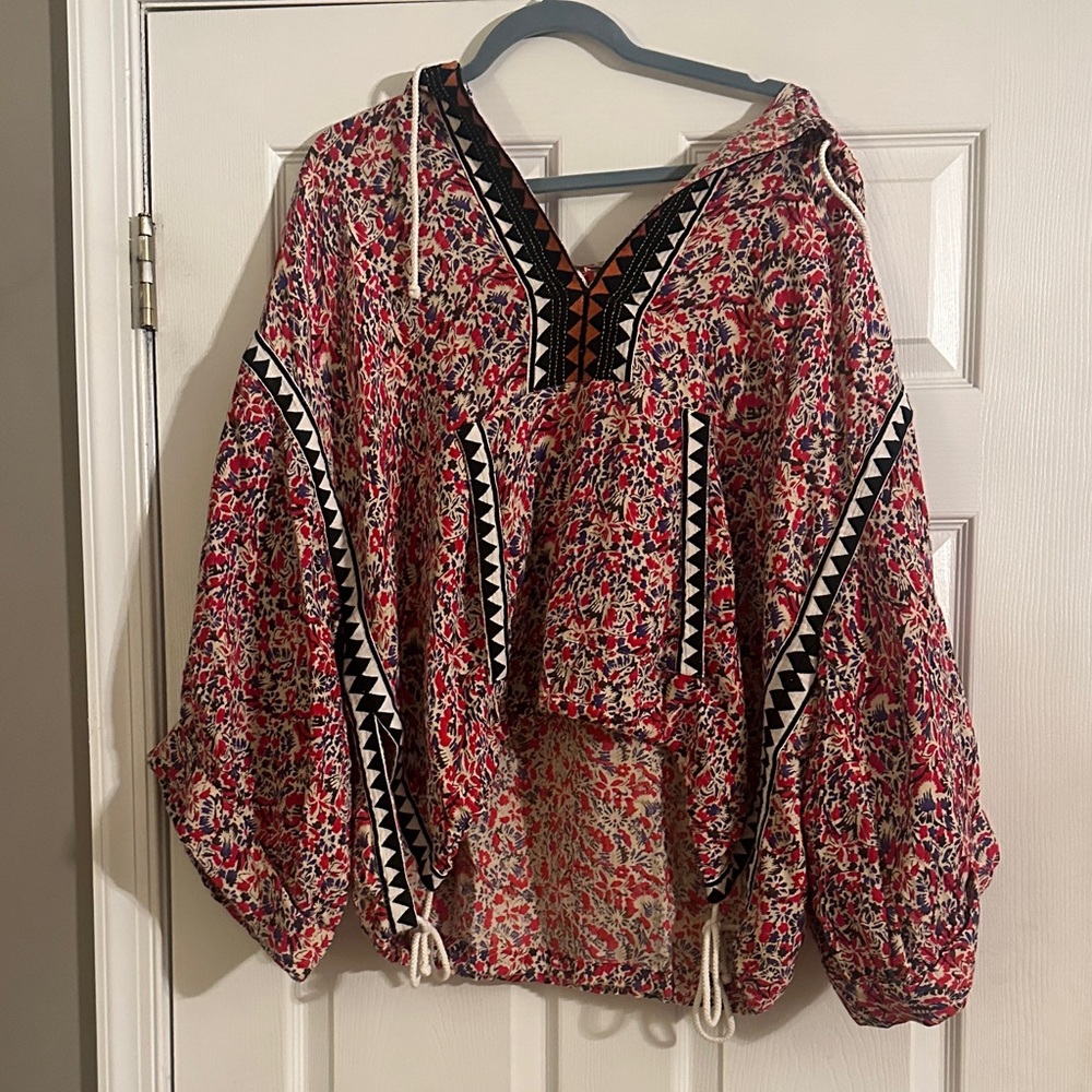 Free People Floral Peasant Tunic - Red, Black, White